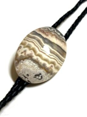 Vintage Southwestern Crazy Lace Agate Stone Leather Bolo Tie